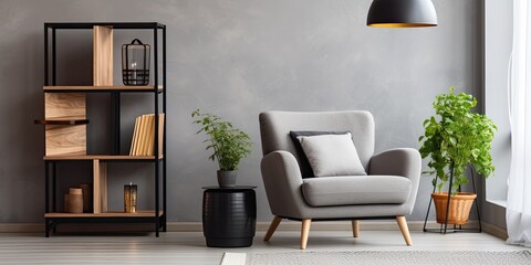 Cozy gray furniture with wood shelves and a black lamp in a bright living space.