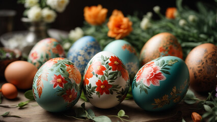 Fototapeta na wymiar Decorated easter eggs chicken eggs with painted flowers and leaves on