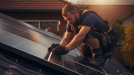 electrical engineer or worker installing solar panels or tiles at roof of a house, environmental friendly green energy 