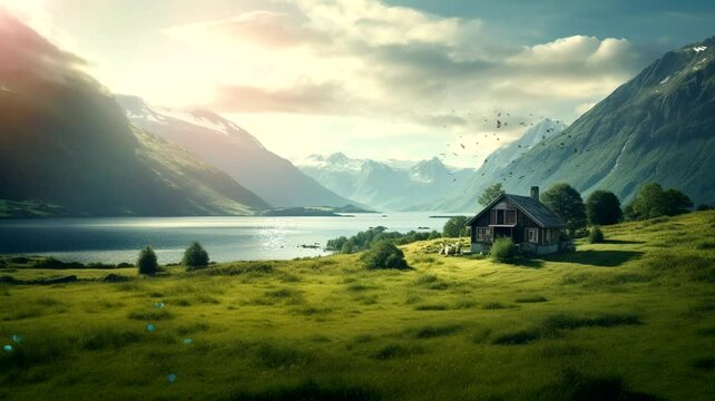 Silent house scene near the lake, animated virtual repeating seamless 4k