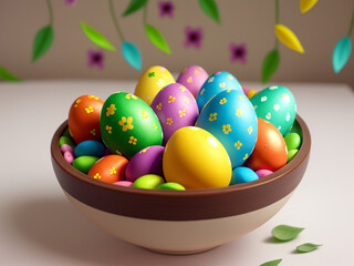Fototapeta na wymiar Decorated easter eggs chicken eggs with painted flowers and leaves on