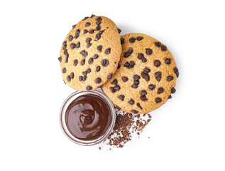 Tasty cookies with chocolate chips and bowl of sauce on white background