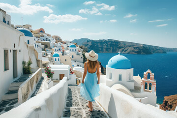 women tourist exploring santorini island in blue dress - obrazy, fototapety, plakaty