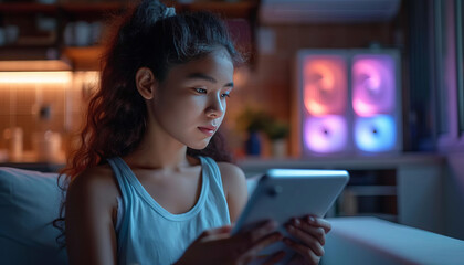 Asian family Adjusting a temperature air conditioner using a tablet with smart home app in modern living room ,generative ai