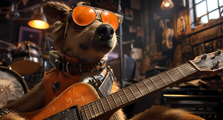 a dog sunglasses plays the guitar - obrazy, fototapety, plakaty