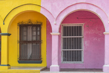 facade of multicolored arches Tlacotalpan Mexico