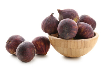 Bowl with fresh ripe figs on white background
