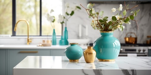Turquoise and white kitchen with marble island, wooden chockers, brown table and metallic gold vase with white decorations.