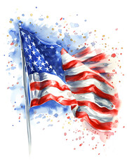 Flag of America, hand-drawn watercolor illustration. American Flag waving in the wind watercolor design. Generative AI