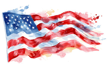 Flag of America, hand-drawn watercolor illustration. American Flag waving in the wind watercolor design. Generative AI