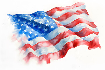 Art brush watercolor painting of the American flag blown in the wind isolated on a white background. Generative AI