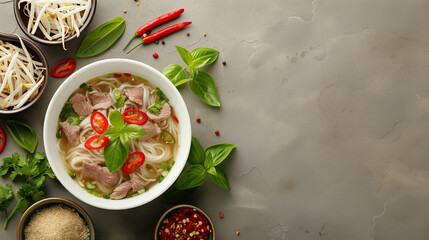 Vietnamese pho soup with beef slices, rice noodles, herbs, and chili on a textured gray background with a place for text, illustrating Vietnamese cuisine