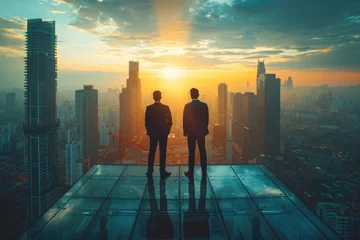 Fotobehang Businessmen on roof - investments, patron, business: economic growth strategic capital investment and innovative building initiatives, success in the dynamic landscape of entrepreneurial development. © Ruslan Batiuk