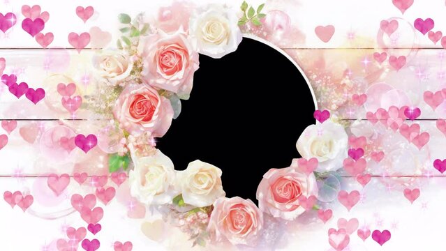 Rose and Heart Circular Frame Photo Frame: Decorative, Alpha Channel, Looping Video for Happy Wedding Imagery of a Bride
