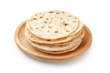 Plate with tasty pita bread on white background