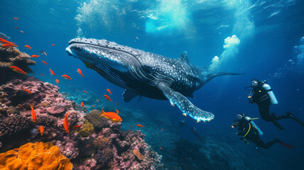 a group of scuba diving student in tropical ocean coral reef sea under water with big whale, generative ai