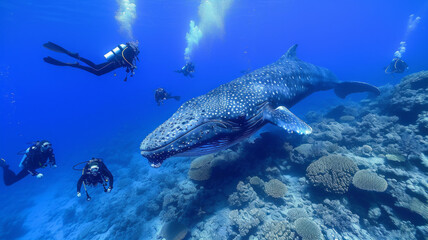 a group of scuba diving student in tropical ocean coral reef sea under water with big whale, generative ai