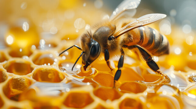 A close-up image of a honeybee gathering nectar on a honeycomb, showing intricate details and a golden honey backdrop