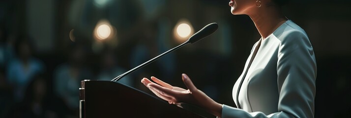 female politician giving political speech at rally for election - obrazy, fototapety, plakaty