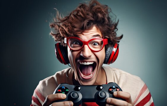 Focused Caucasian man exhibits his enthusiasm for gaming, skillfully manipulating a joystick, his dedication to immersive world of virtual entertainment. Generative AI.
