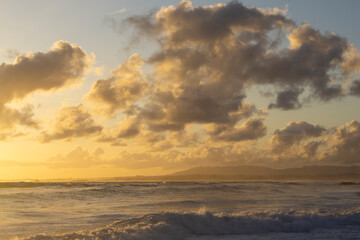 Tender ocean sunset. Sunset over the water with birds flying against sunlight on the North Atlantic ocean