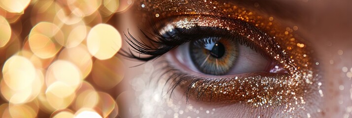 closeup photo of woman's eye with eyeliner and eye shadow, glittering and bokeh background beauty concept - obrazy, fototapety, plakaty