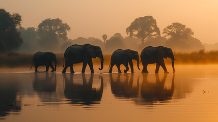 A serene scene of elephants walking along a river's edge in a misty, tranquil forest landscape at dawn.
