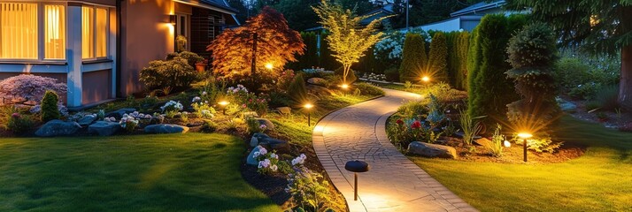 Pathway through front lawn of a residential house. Well lit with plants and flowers, and well kept lawn. Stone walkway.