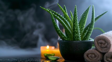 Aloe vera leaves in visual composition with a towel and spa smoke vapors. Close-up of a refreshing, natural view of aloe vera on a dark spa table.