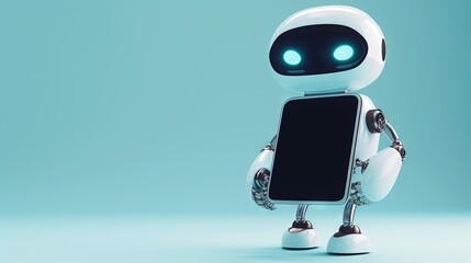 Robot with smarrtphone on solid background with copy space for AI assistant, virtual assistant, mobile assistant uses