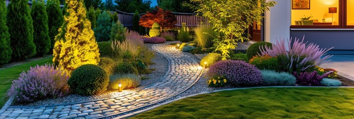 Pathway through front lawn of a residential house. Well lit with plants and flowers, and well kept lawn. Stone walkway.