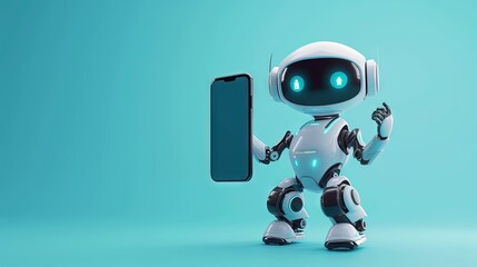 Robot with smarrtphone on solid background with copy space for AI assistant, virtual assistant, mobile assistant uses