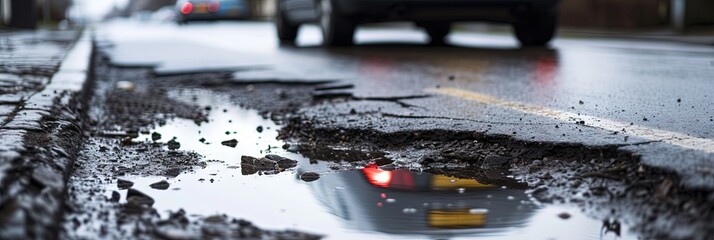 car driving past pothole in broken and dilapidated street - obrazy, fototapety, plakaty