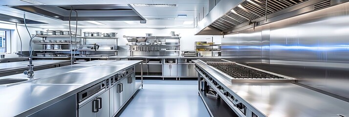 industrial commercial kitchen with stainless steel countertops and appliances