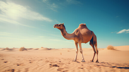 camel in the desert under a blue sky