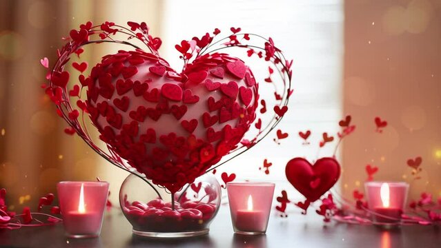 Valentines Day decorations. valentines day background with red hearts and candles. seamless looping overlay 4k virtual video animation background 