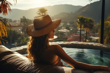 Woman relaxing in luxury hotel jacuzzi during summer travel - obrazy, fototapety, plakaty