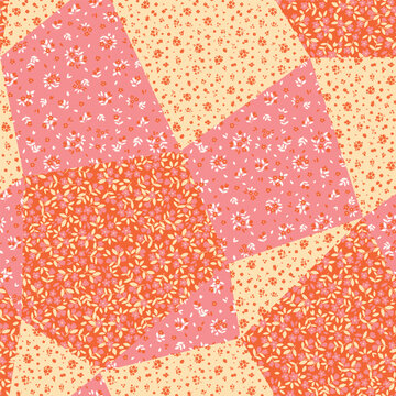Abstract seamless pattern. Colorful patchwork vector background. Cottage core print for textile and decoration. Retro wallpaper with flat tiny flowers. Ditsy floral pattern design