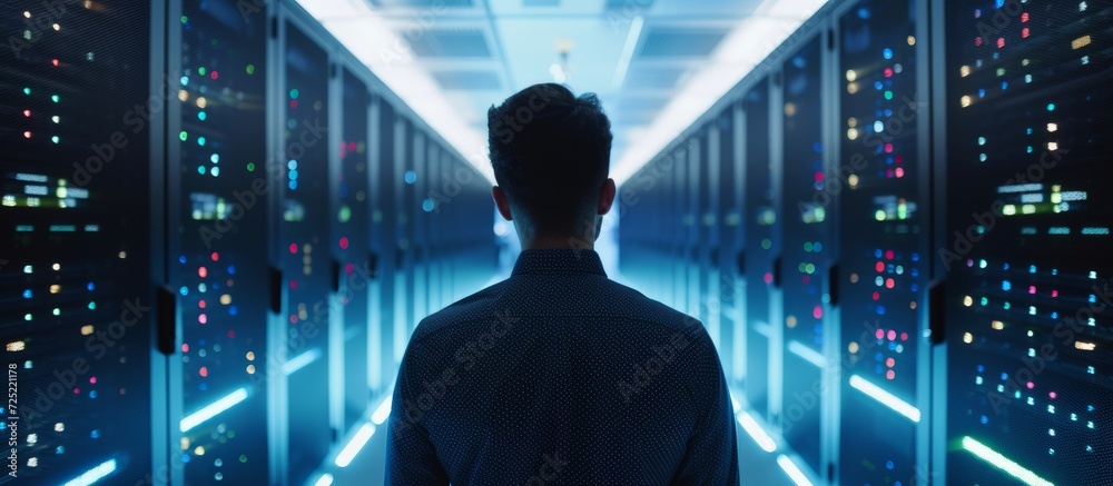 Poster engineer overseeing data center for ai computing and machine learning data storage.