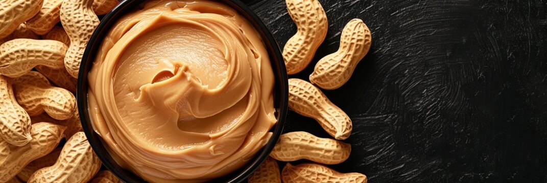 peanuts and peanut butter on solid background with copy space