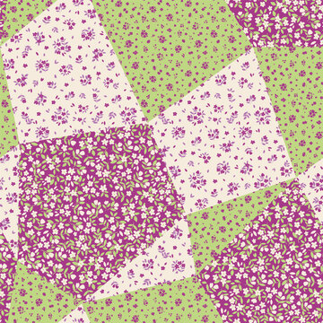 Abstract seamless pattern. Colorful patchwork vector background. Cottage core print for textile and decoration. Retro wallpaper with flat tiny flowers. Ditsy floral pattern design