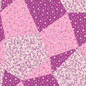 Abstract seamless pattern. Colorful patchwork vector background. Cottage core print for textile and decoration. Retro wallpaper with flat tiny flowers. Ditsy floral pattern design