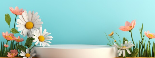 Summer round podium with floral background. 3D display podium with copy space template 3d render. Background for cosmetic products of natural.