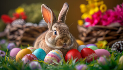 Adorable Brown Easter Bunny Surrounded by Colorful Eggs
