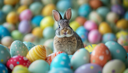Fototapeta na wymiar Adorable Surprised Easter Bunny Surrounded by Colorful Eggs
