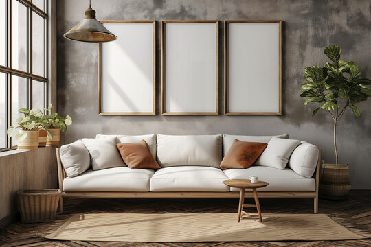 View of modern scandinavian style interior with sofa and trendy vase, Home staging and mock up room concept