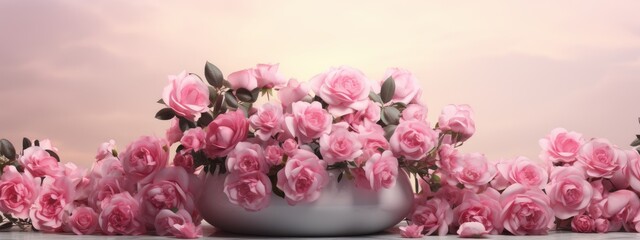 Empty podium roses. 3D display podium with copy space template 3d render. Background for cosmetic products of natural.