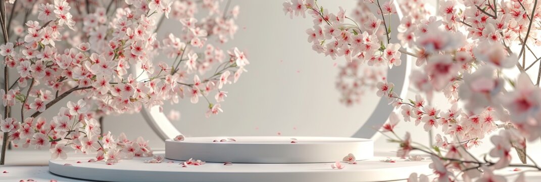 Podium for products, 3D rendered with cherry blossom plants in pink and white