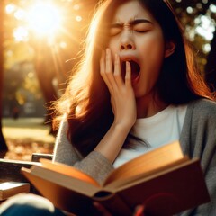 woman reading a book and yawning 