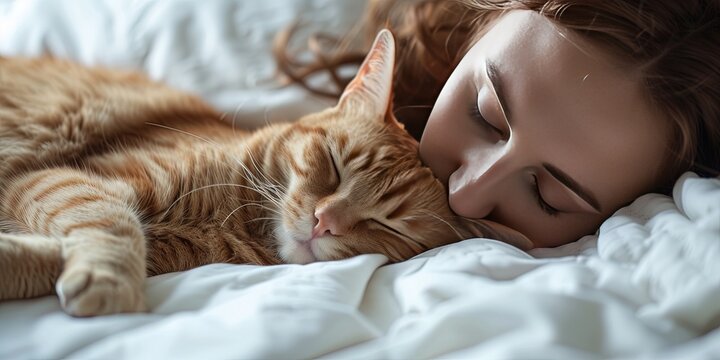 Woman Sleeping In Bed With Cat